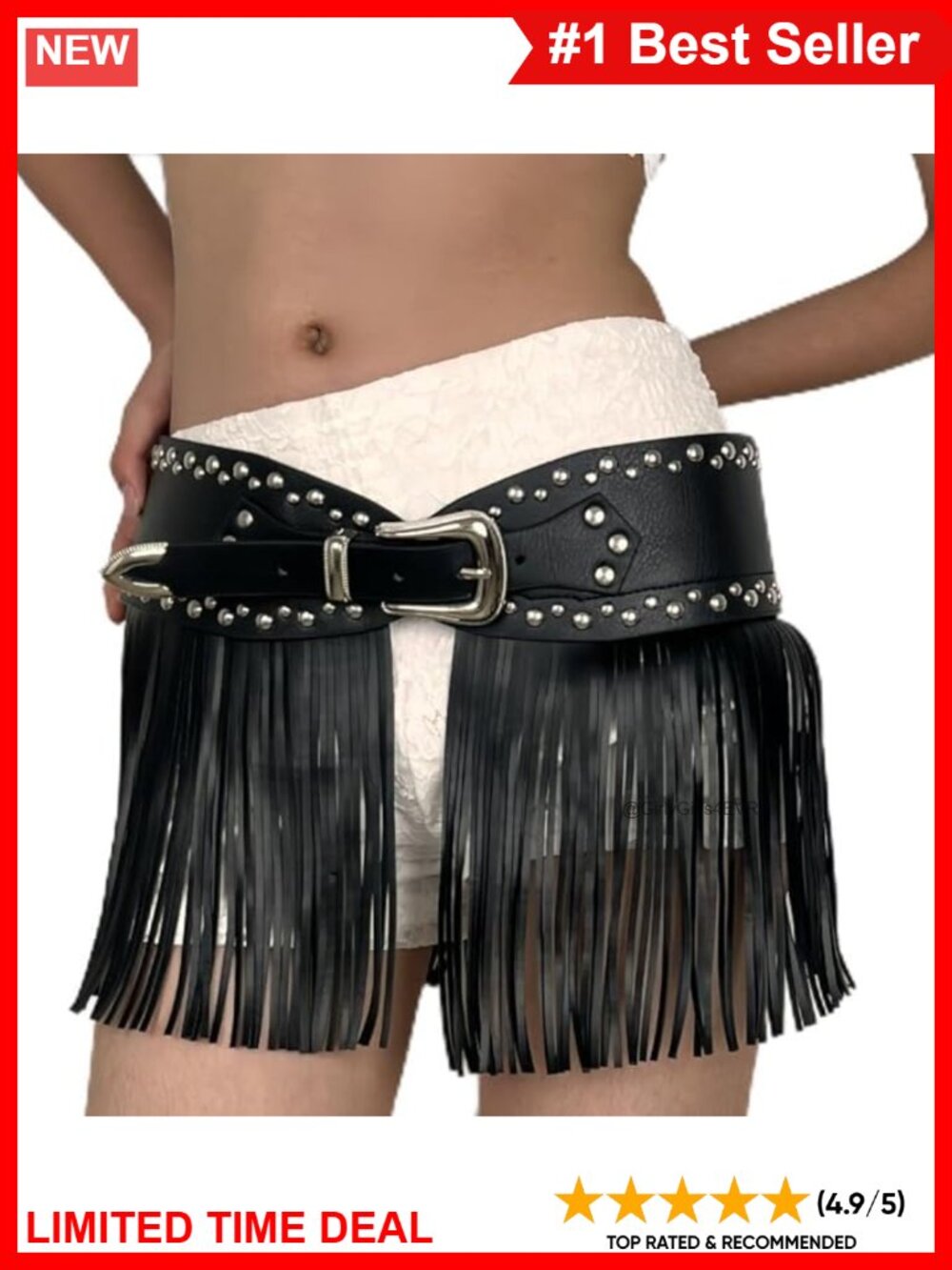 Faux Leather Fringe Tassel Belt Punk Studded Waist Chain Rave